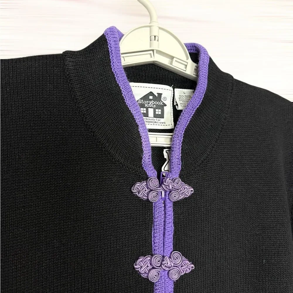 NWT Storybook Knits Black Cardigan Chinese Style Zip Front Embroidered L Vintage - Picture 4 of 14